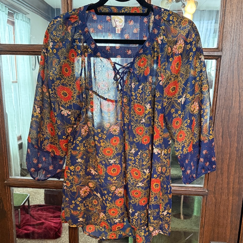 Fig and Flower Navy Blue Floral Lace Up Open Back‎ Sheer Chiffon Boho Blouse M